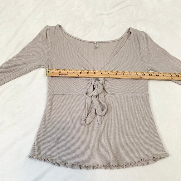 Free People metallic waffle knit tie front deep v-neck long sleeve top - Picture 10 of 12